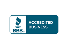 The bbb logo is blue and white and says accredited business.