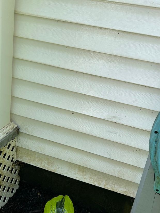 White siding on a house is stained with dirt and grime near the bottom. The setting is outdoors.