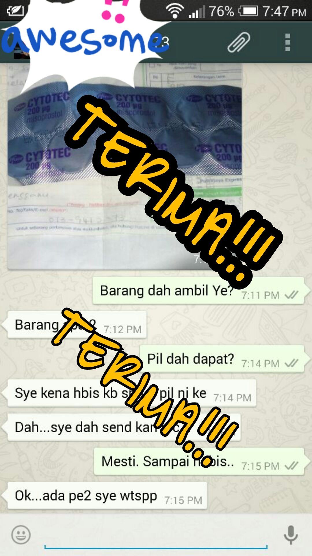 screenshot of customer receiving item in whatsapp