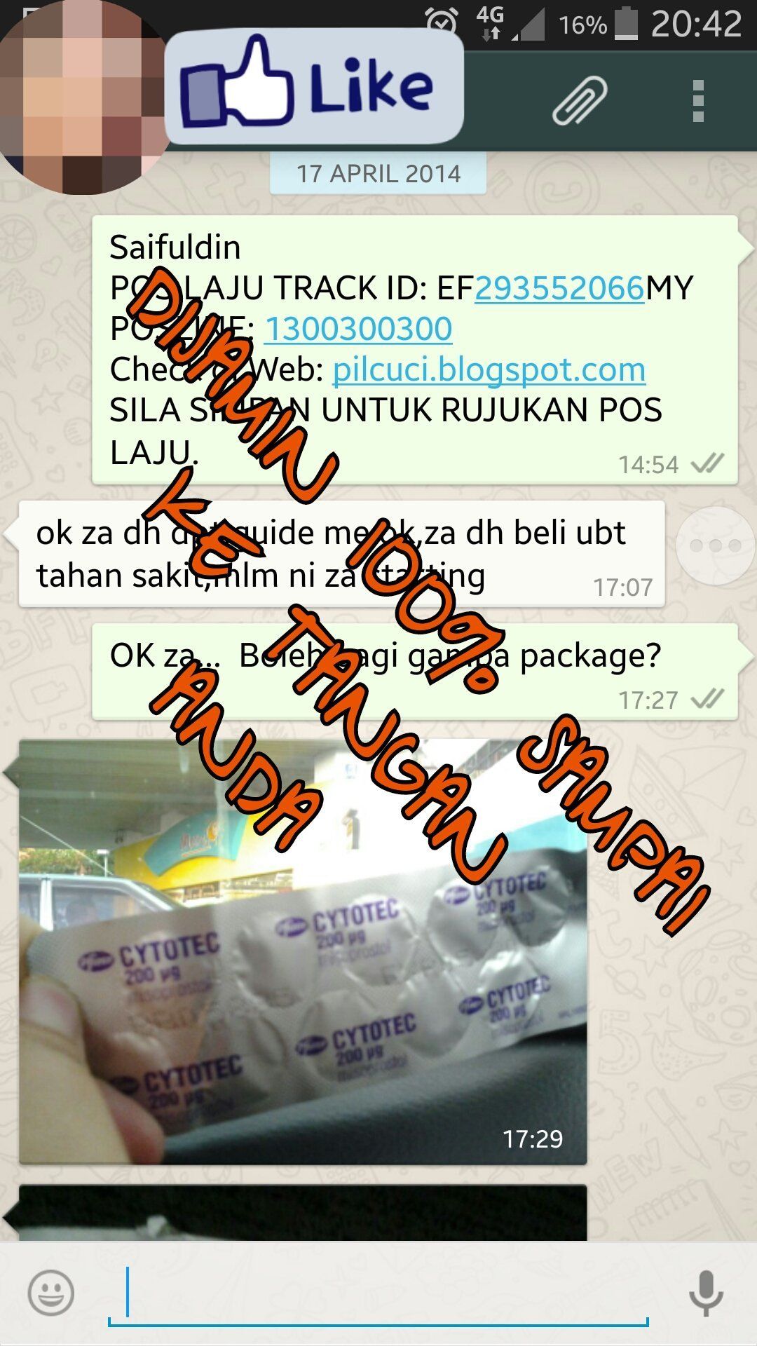 screenshot of customer receiving item in whatsapp