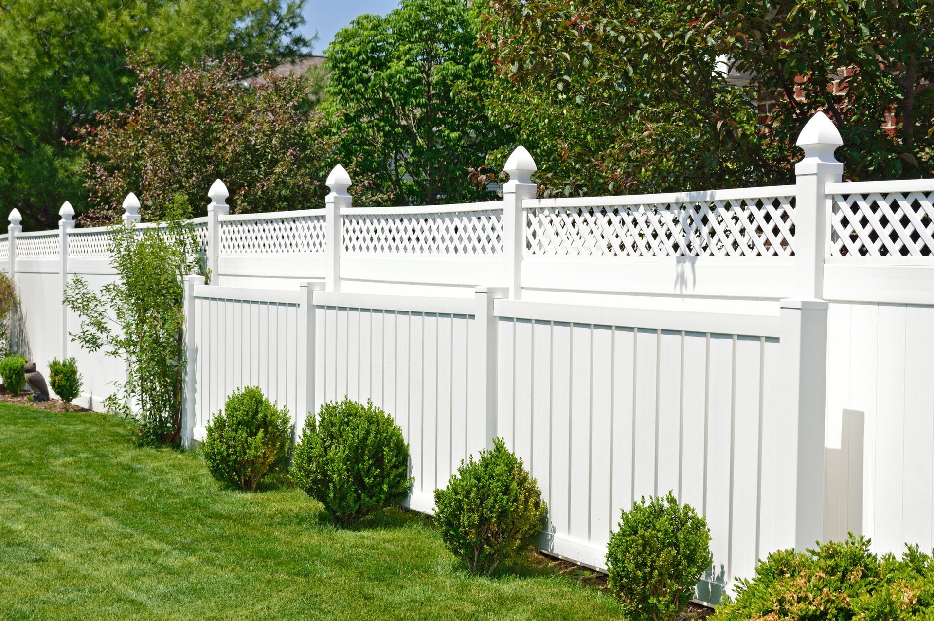 A white vinyl privacy fence featuring a lattice top, surrounded by green shrubs in a yard.