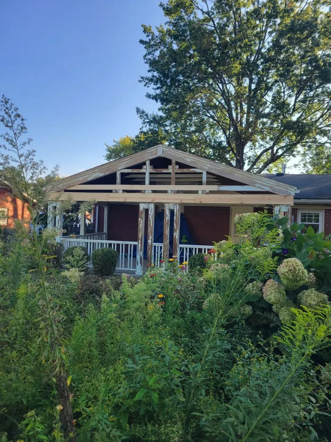 A red house with a porch under construction, overgrown with green plants, against a blue sky.