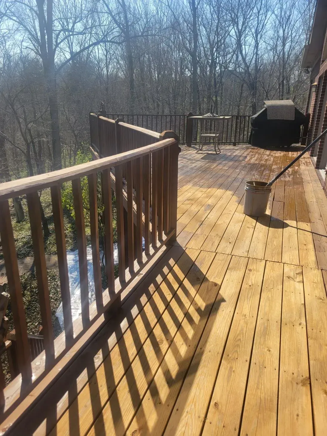 Wooden deck with railing, trees in background. Sunlight casts shadows.
