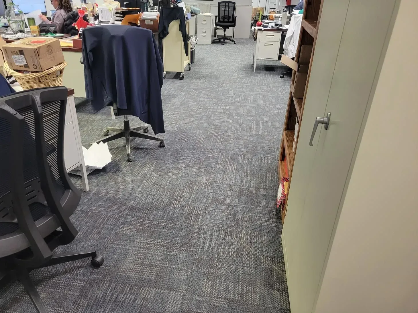Office interior with a blue carpet, chairs, desks, and filing cabinets.