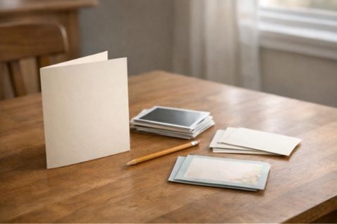 Blank memorial program planning materials on a home table for families researching funeral home