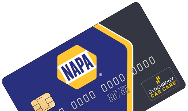 NAPA credit card with blue and yellow design, next to a black card with Synchrony Car Care logo.