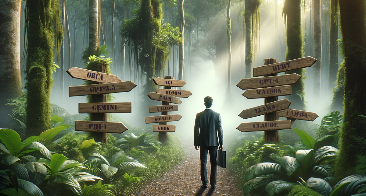 Image of a businessman entering a jungle with sign posts pointing to different AI technologies.