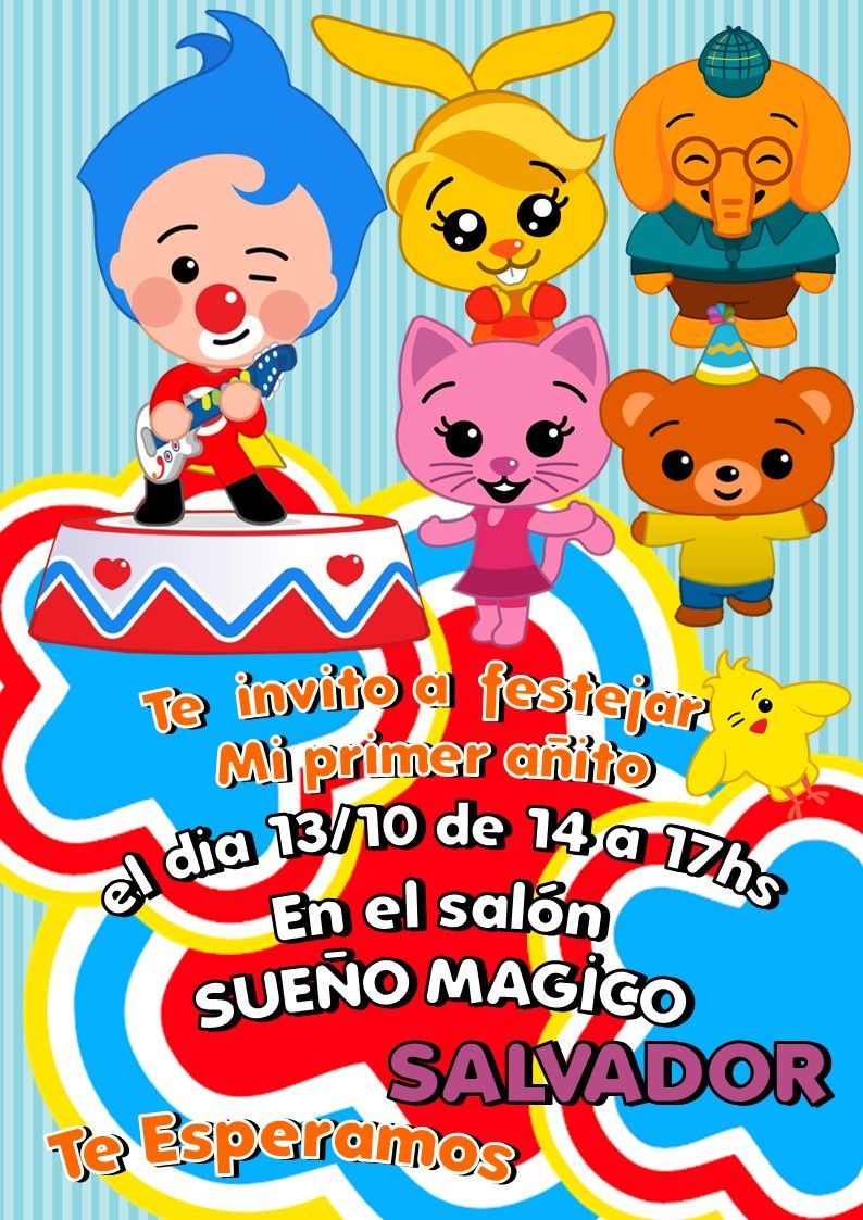 Invitación para una fiesta de primer cumpleaños con personajes de dibujos animados. Incluye la frase "Mi primer añito", fecha y hora, el lugar y el nombre de Salvador.
