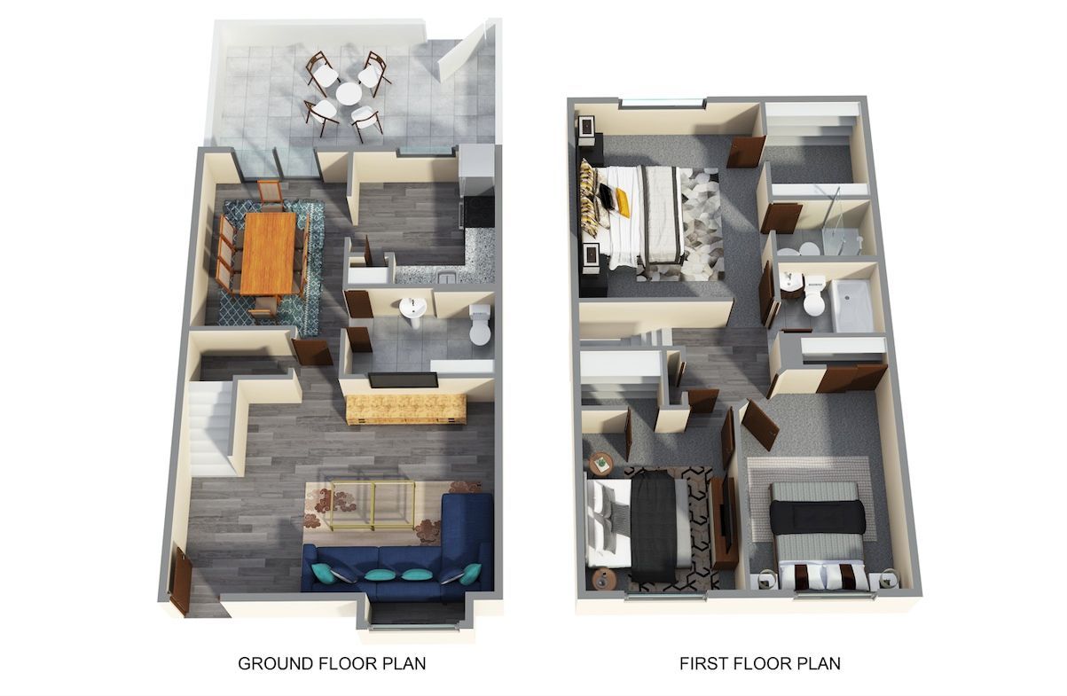3D rendered floor plans showing layouts of apartment townhomes