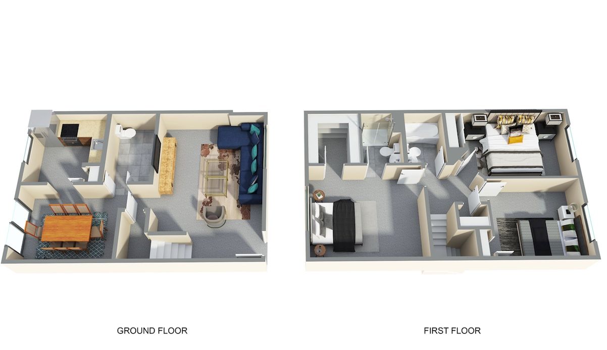 3D rendered floor plans showing layouts of apartment townhomes