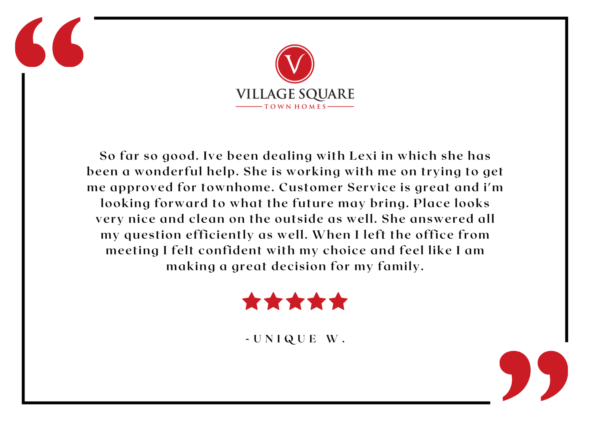 Village Square Townhome resident testimonial graphic with logo and five-star review.