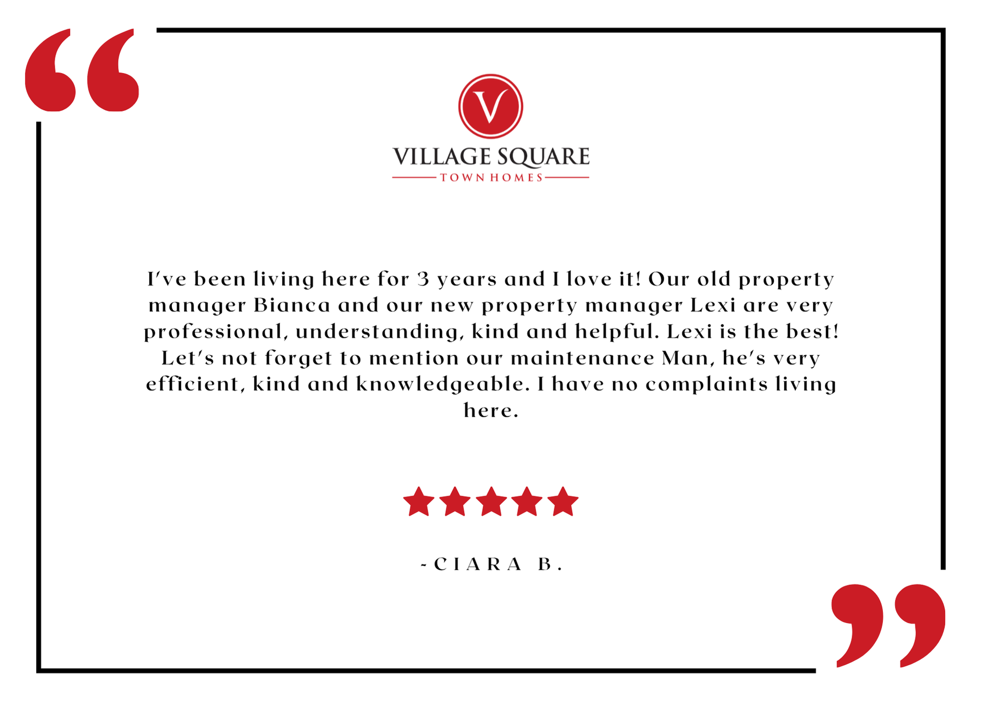 Village Square Townhome resident testimonial graphic with logo and five-star review.