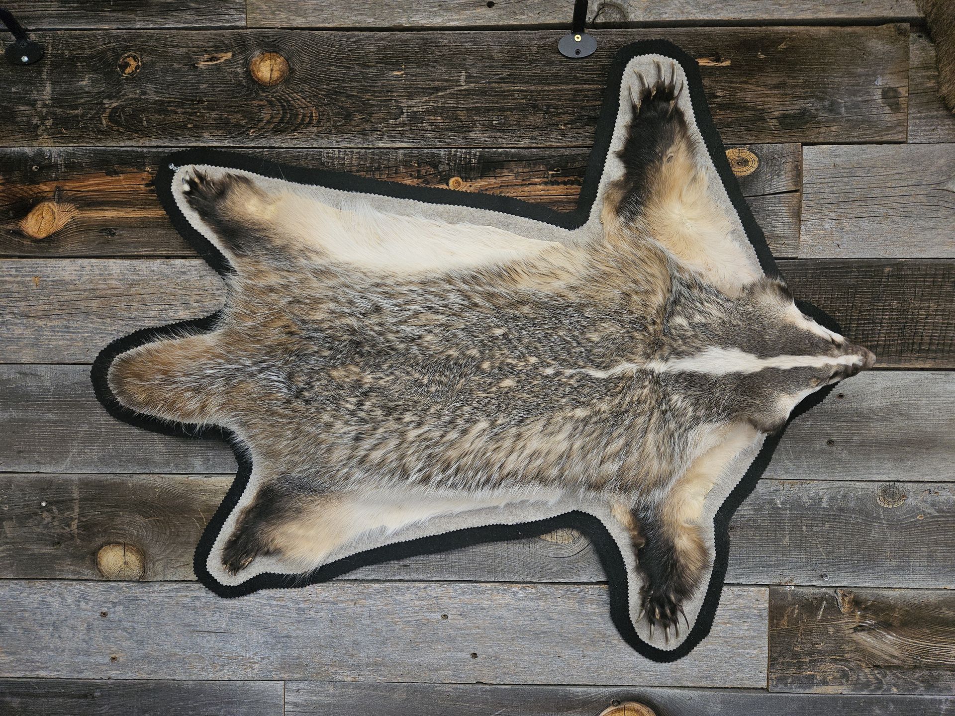 A badger pelt rug with dark and light gray, cream, and black fur, laid flat on a rustic wooden floor.