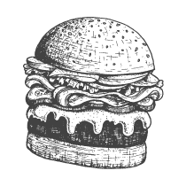 A black and white drawing of a hamburger on a white background.