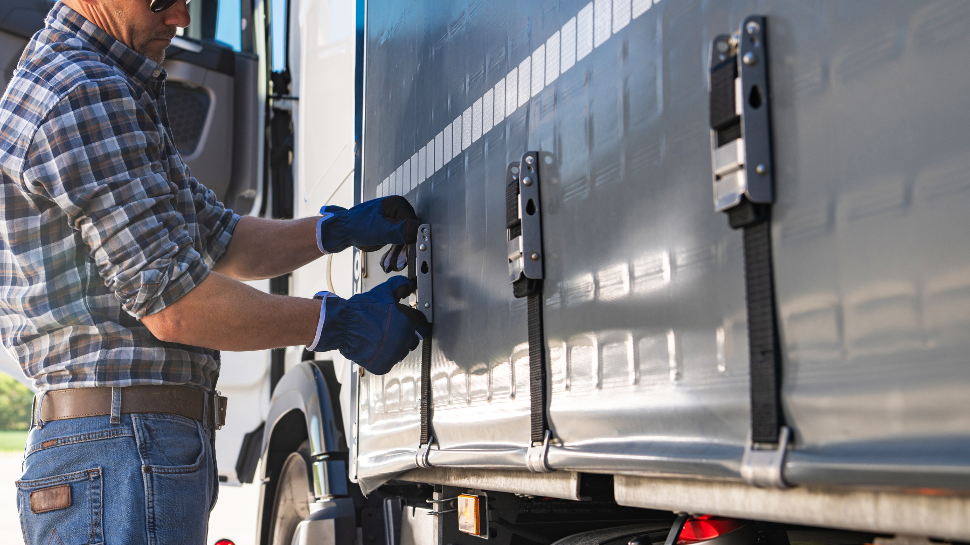 A man is working on the side of a semi truck.
