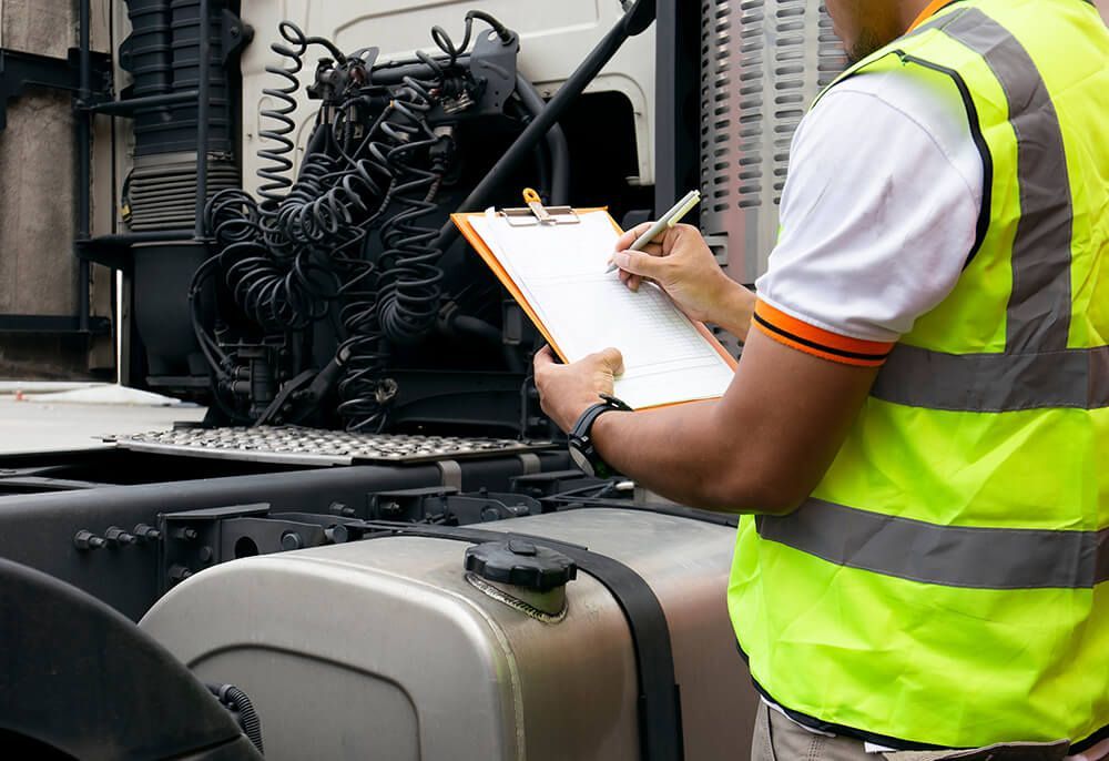 A man in a yellow vest is writing on a clipboard in front of a semi truck.