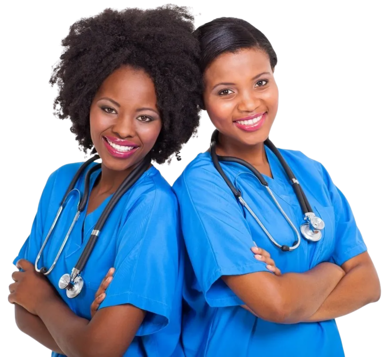 Two medical professionals smiling, arms crossed, wearing blue scrubs and stethoscopes.