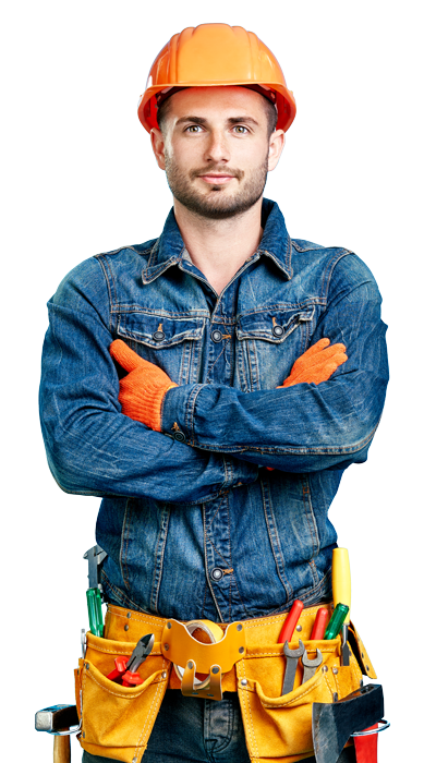 A man wearing a hard hat and a tool belt is standing with his arms crossed.