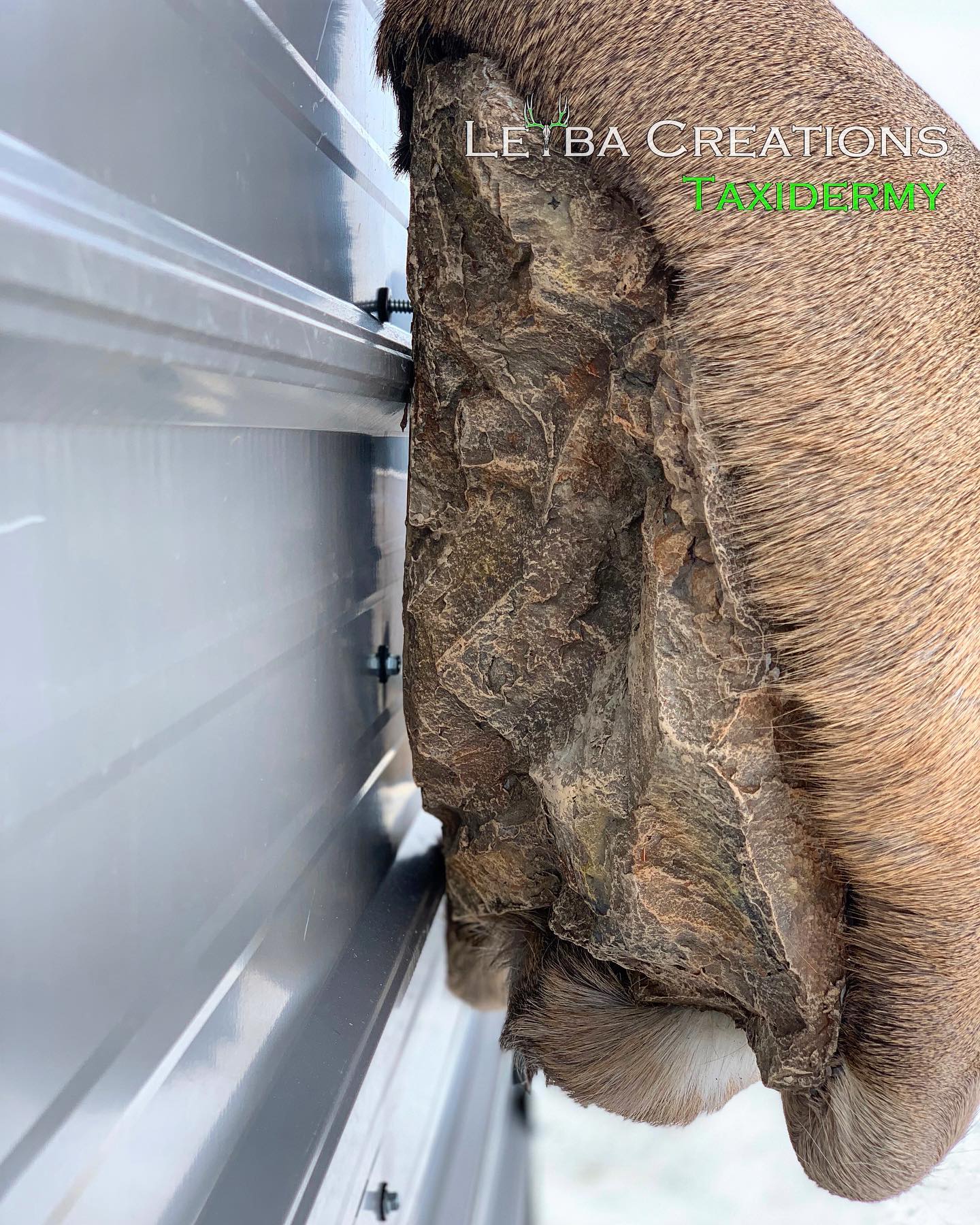 A large rock is hanging from a metal wall.