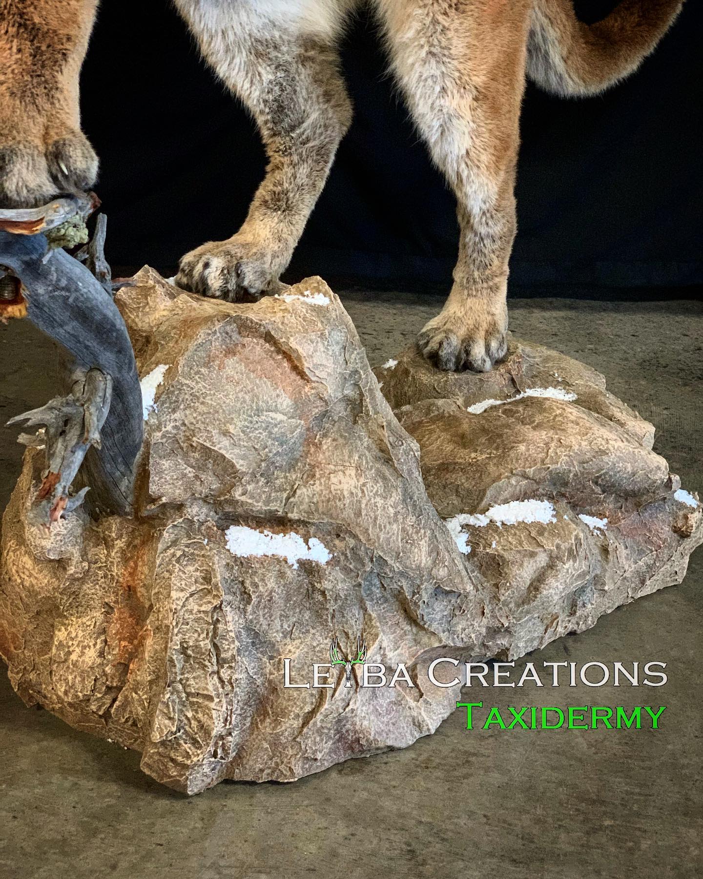 A stuffed animal of a mountain lion standing on top of a rock.