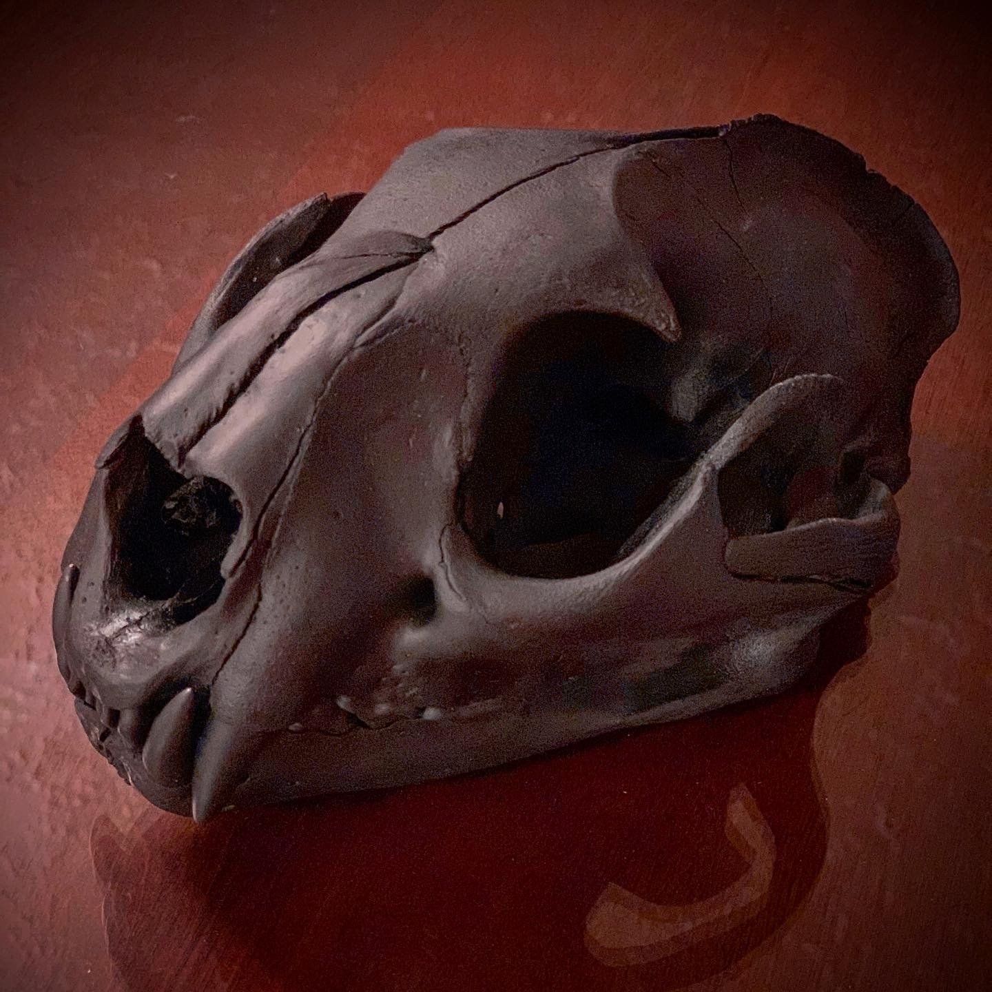 A black skull is sitting on a red surface