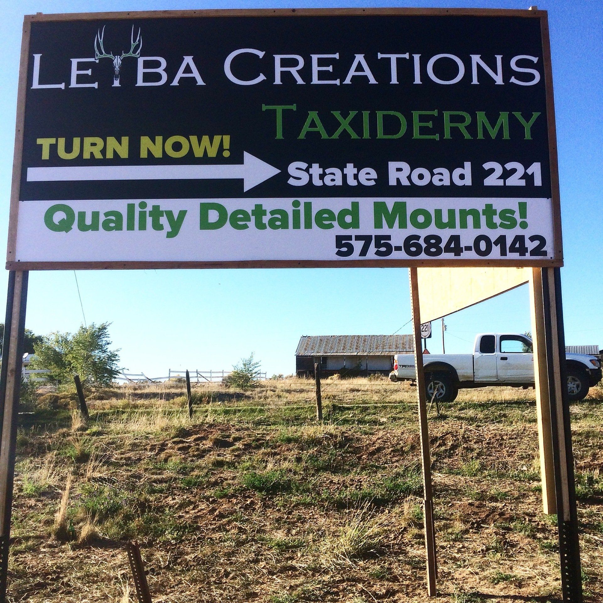 A sign for leiba creations taxidermy state road 221 quality detailed mounts