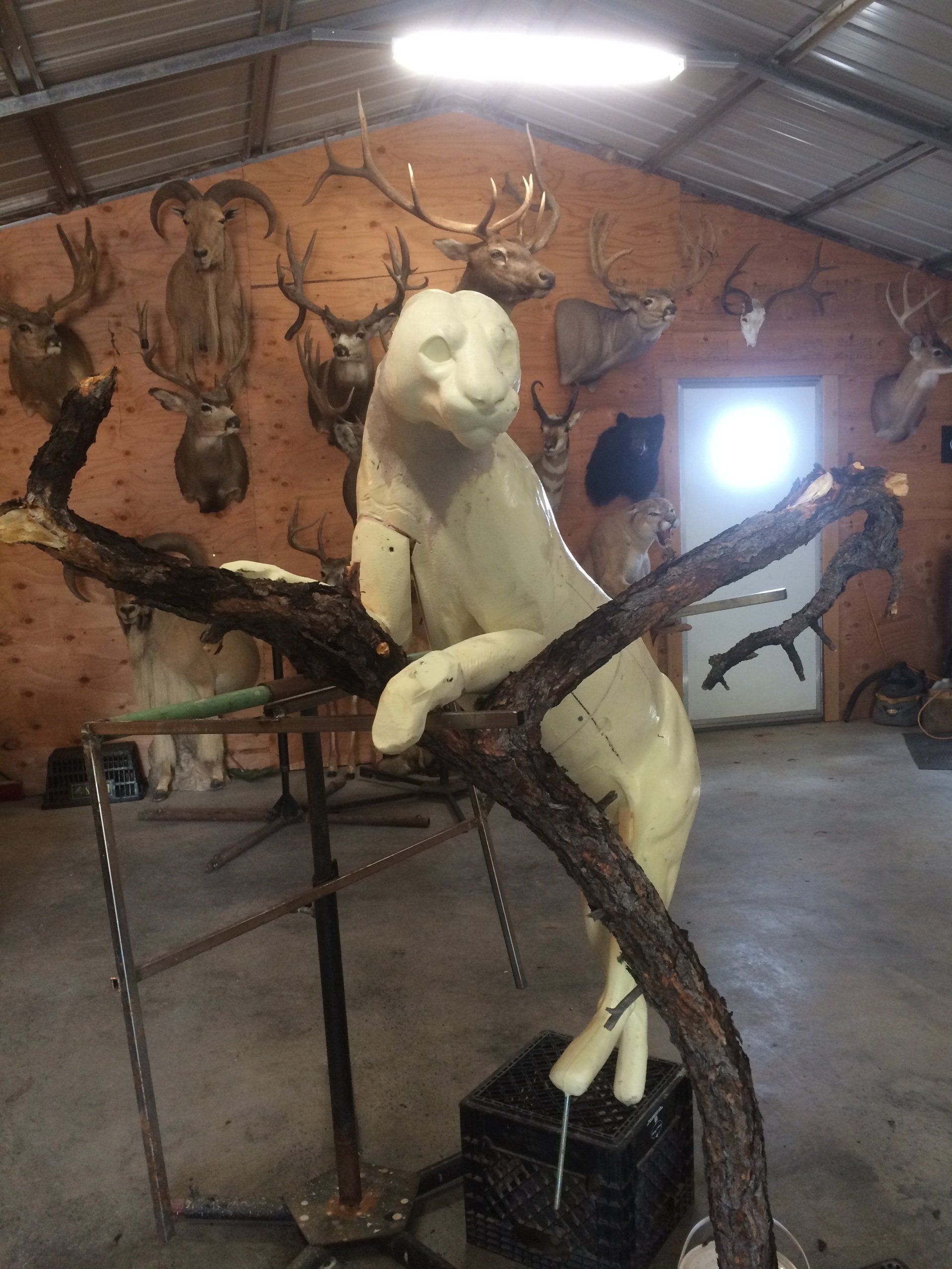 A statue of a cat sitting on a tree branch