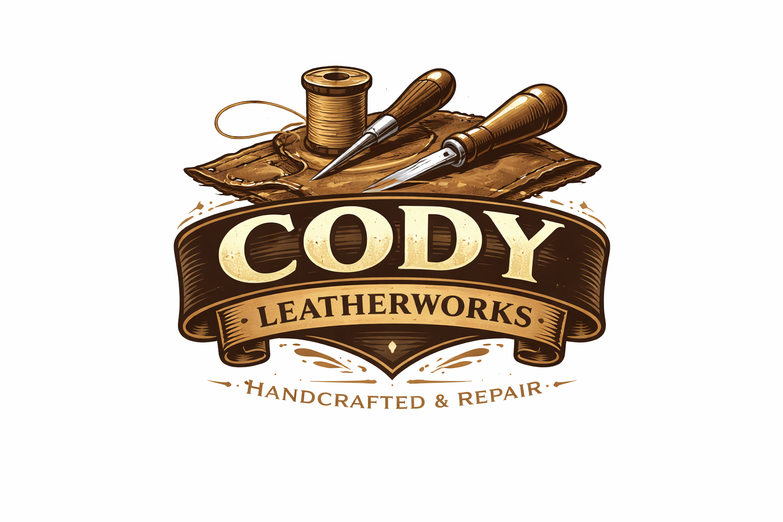 Cody Leatherworks logo: brown tools, thread spool, and banner with text 