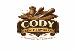 Cody Leatherworks logo: brown tools, thread spool, and banner with text 