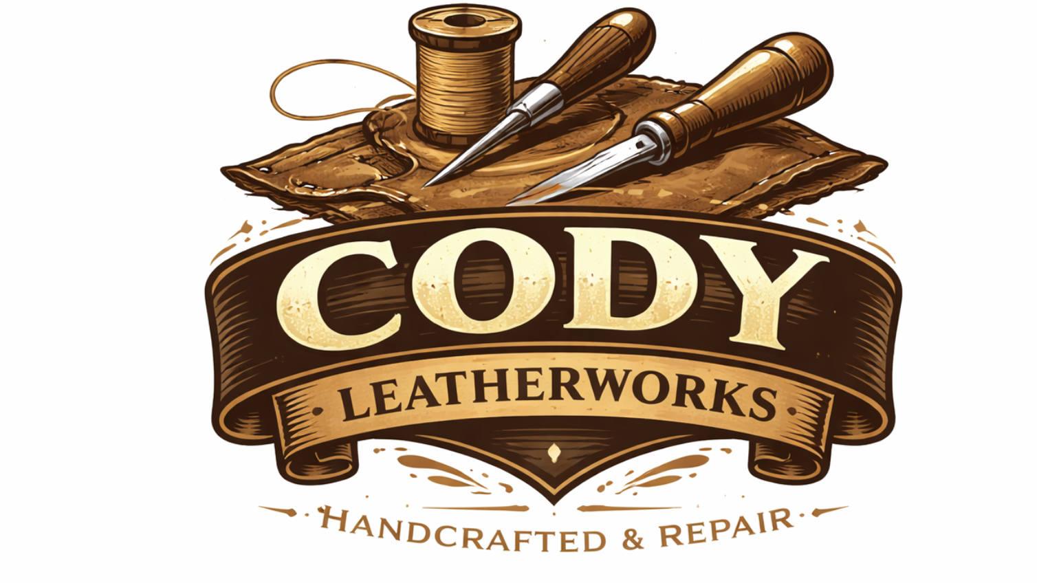Cody Leatherworks logo featuring tools, leather, and banner text: 