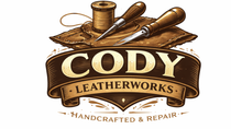 Cody Leatherworks logo featuring tools, leather, and banner text: 