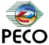 The PECO logo featuring a glossy sphere with red and blue swirling arrows centered over green horizontal speed lines.