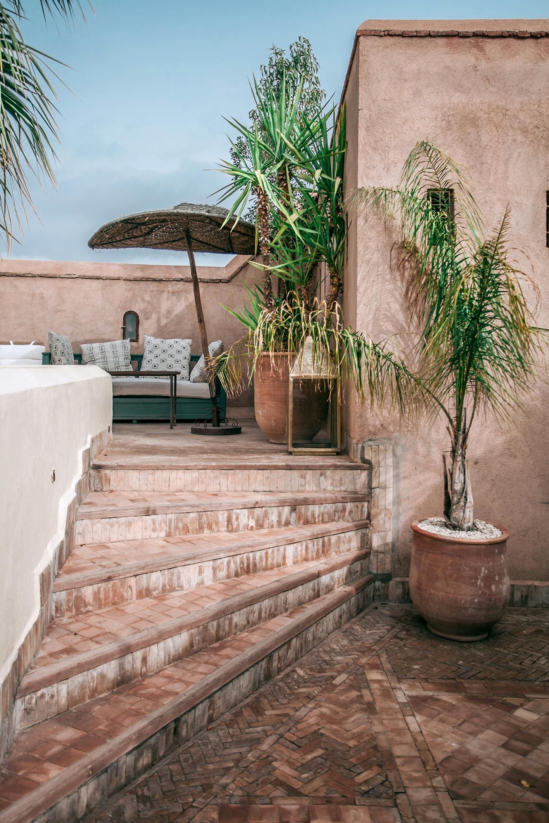 Stone steps lead to a rooftop terrace with potted plants and seating in a warm, sunny environment.