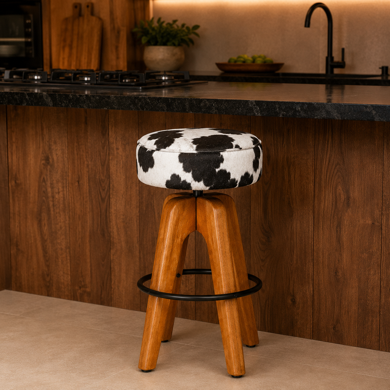 Banqueta Premium Couro Peludo Malhado Holandês