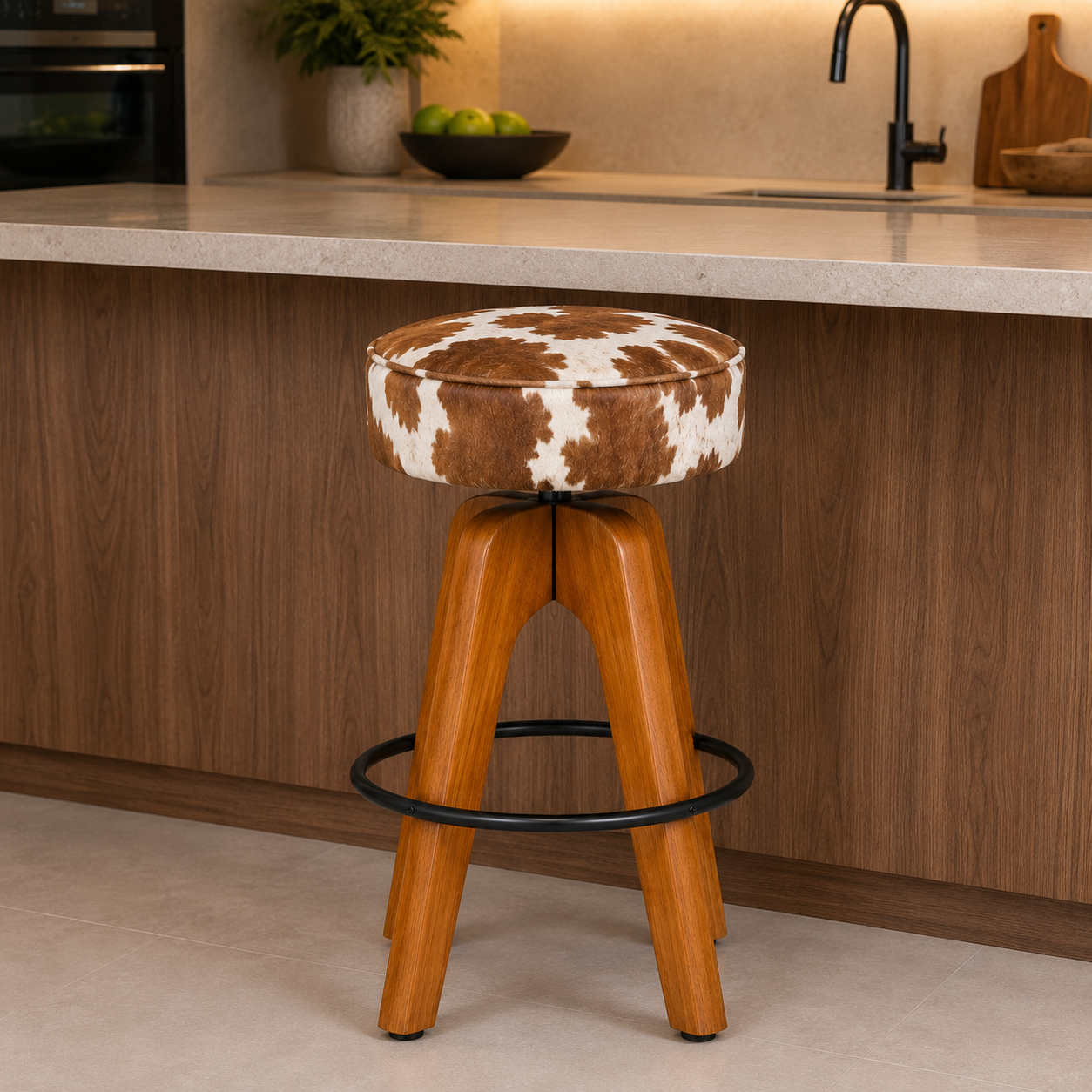 Banqueta Premium Couro Peludo Malhado Marrom