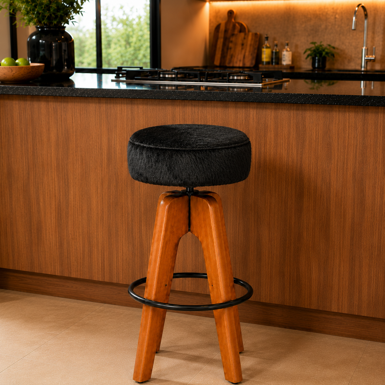 Banqueta Premium Couro Peludo Sólido