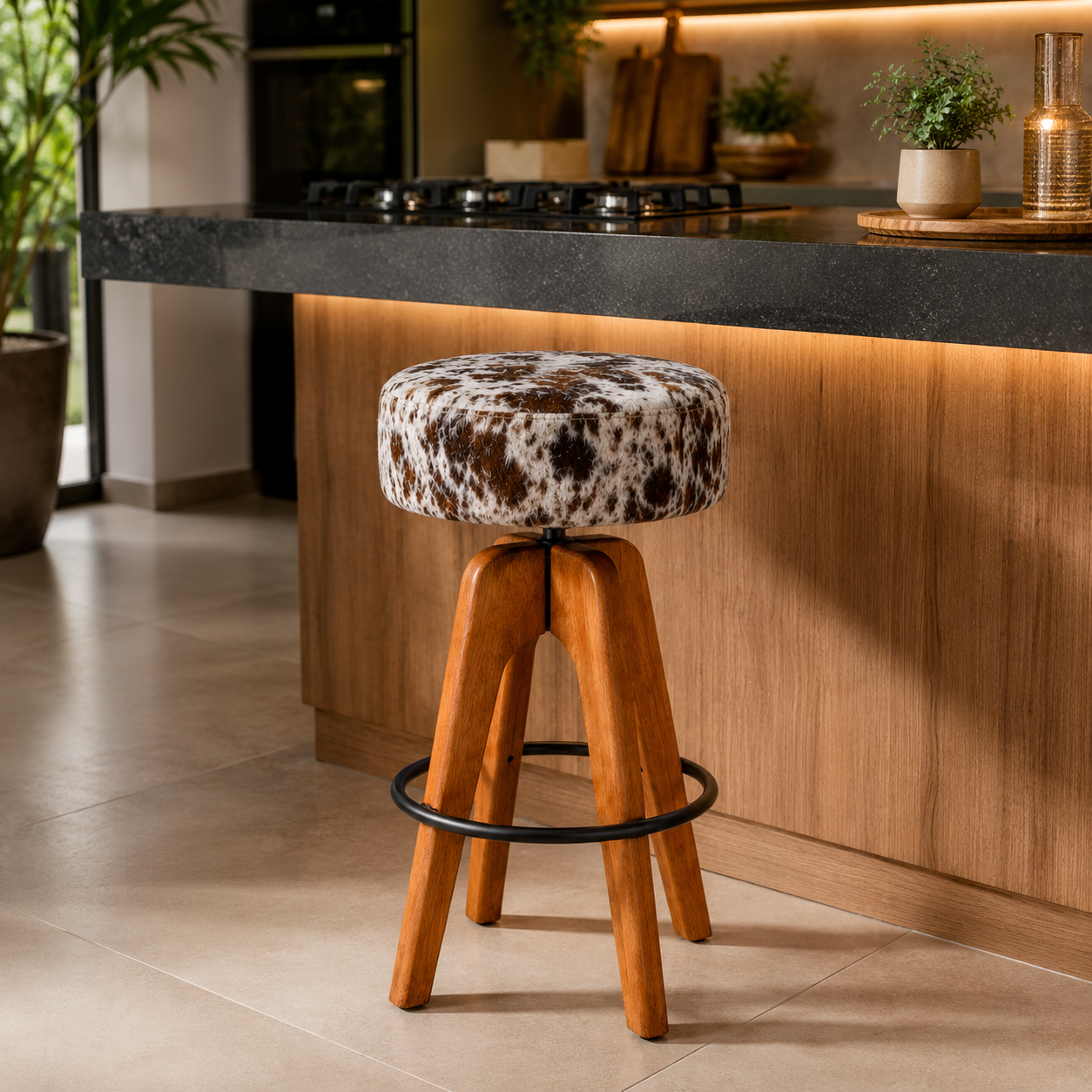 Banqueta Premium Couro Peludo Exótico