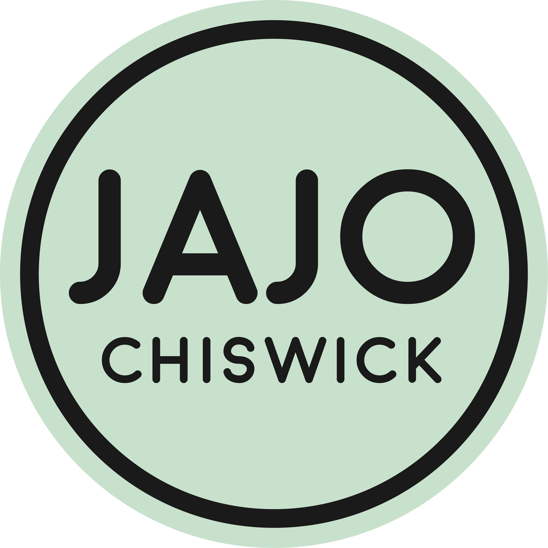 Logo for JAJO Chiswick: black text on a light green circle, surrounded by a black border.