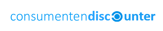 Een blauw logo voor consumentendiscounter op een witte achtergrond