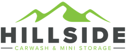 Logo for Hillside Carwash & Mini Storage: green mountain above dark gray text, with tagline.
