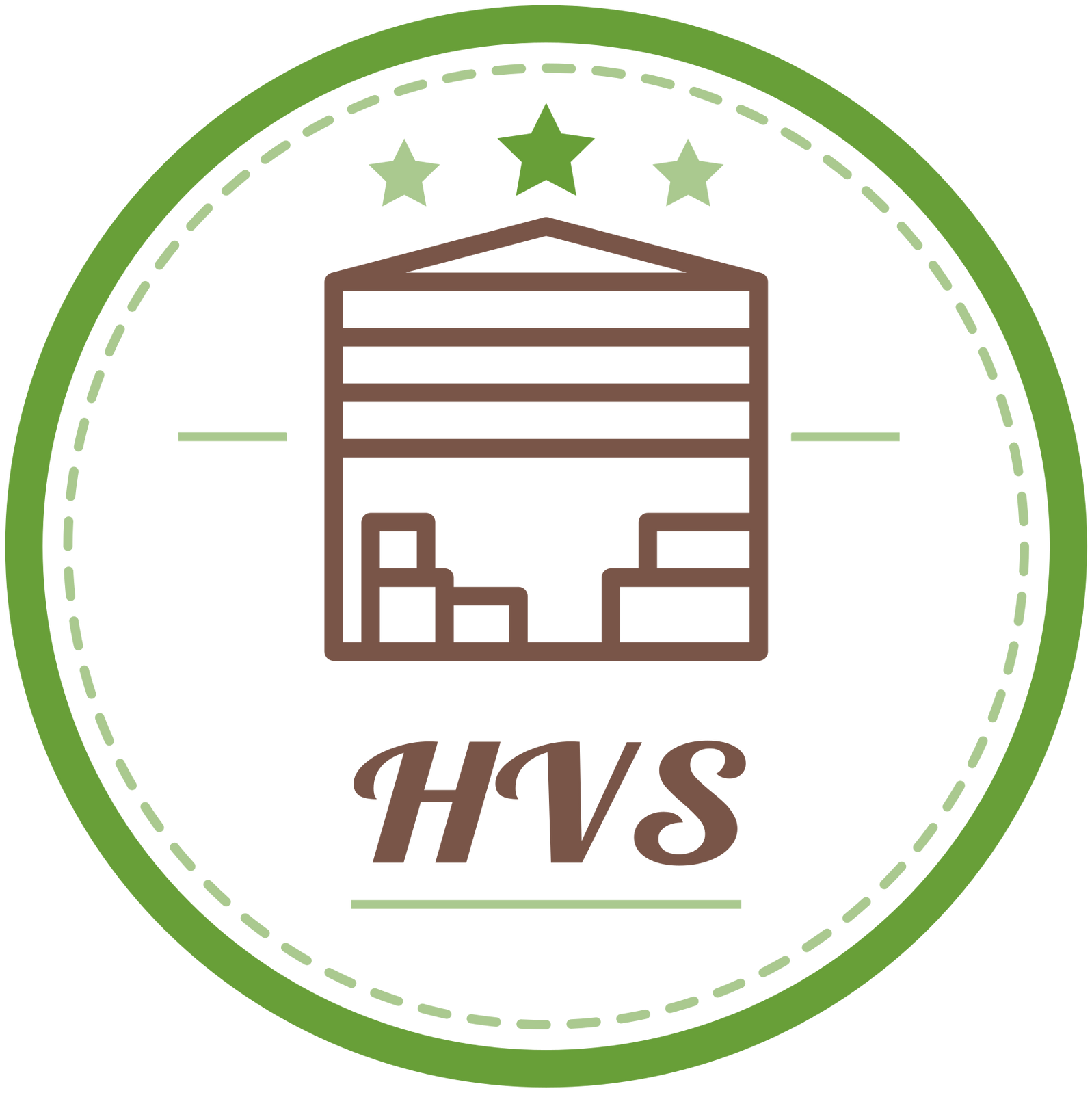 Circular logo with a brown building, green stars, and 