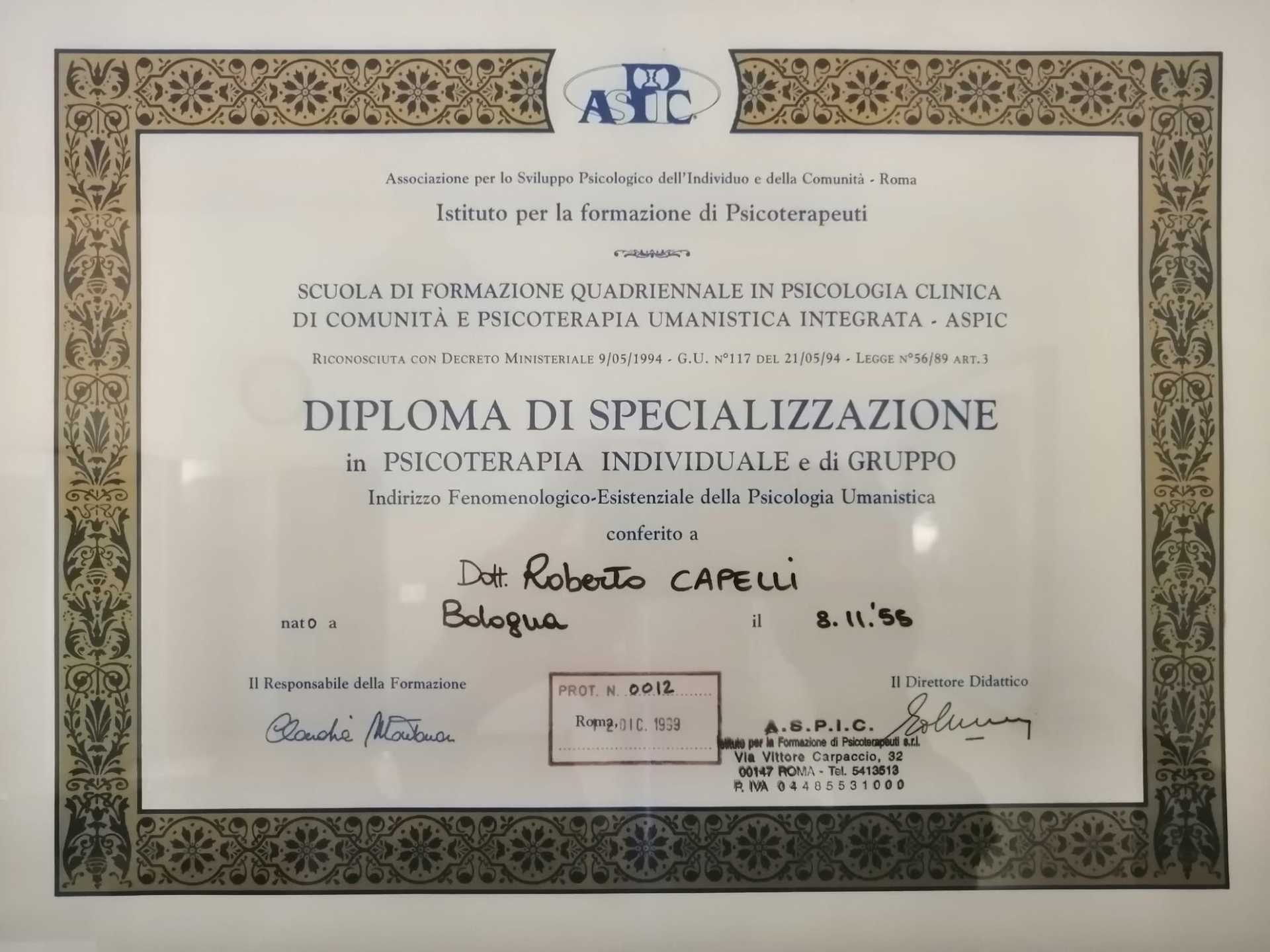 Specializzazione Psicoterapia, ASPIC Roma, Dott. Roberto Capelli, Casalecchio di Reno, Bologna