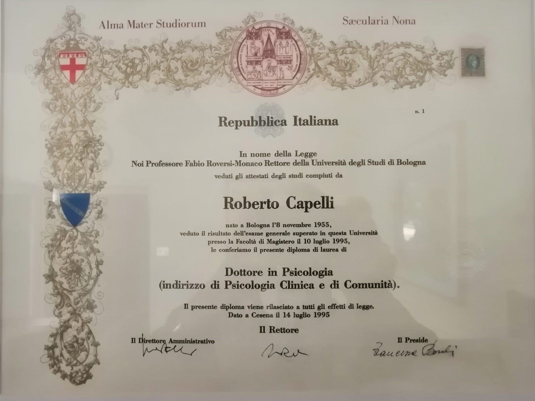 Diploma Laurea Psicologia Clinica, Dott. Roberto Capelli, Casalecchio di Reno, Bologna