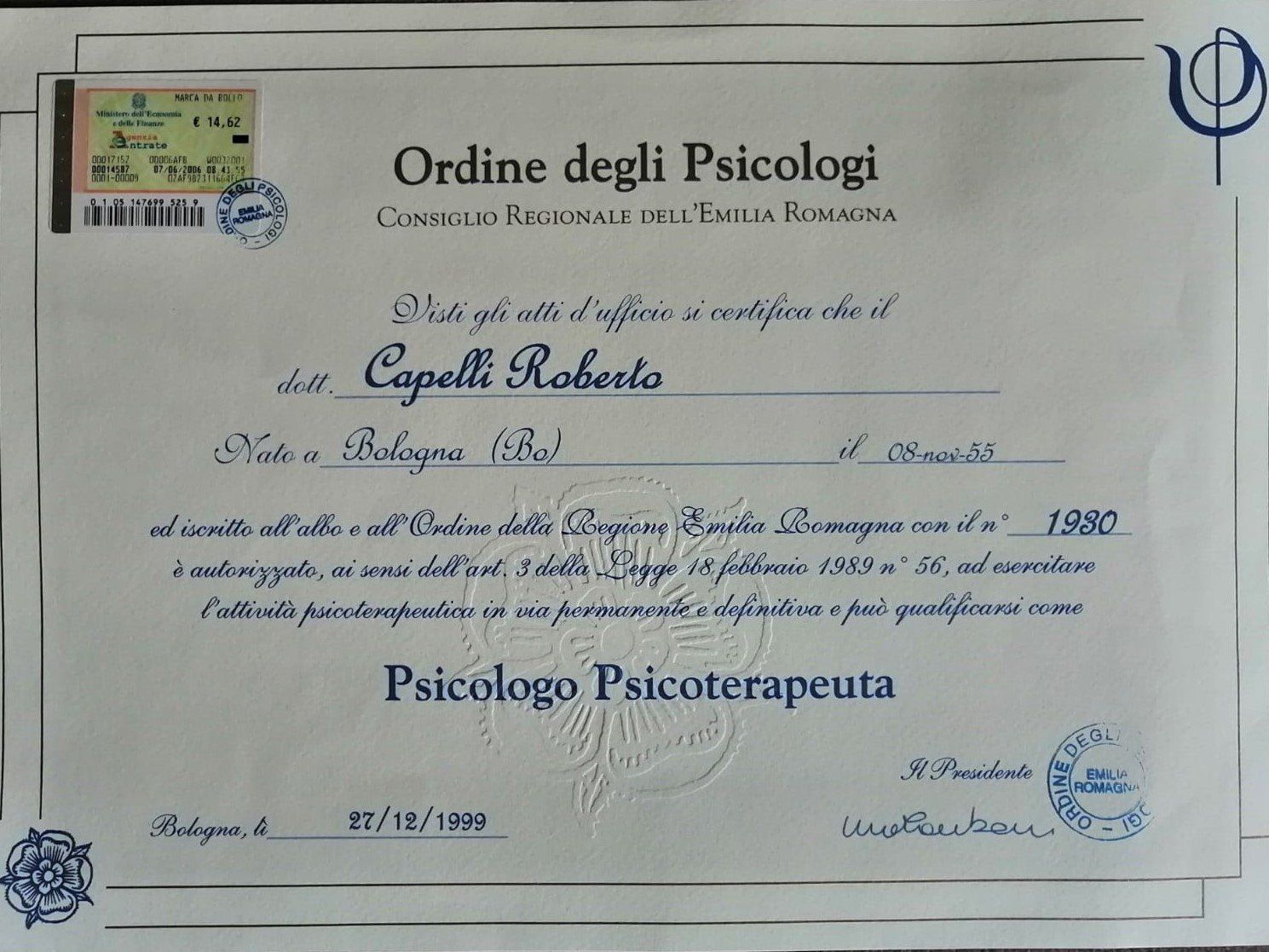 Ordine Psicologi Emilia Romagna, Dott. Roberto Capelli, Casalecchio di Reno, Bologna