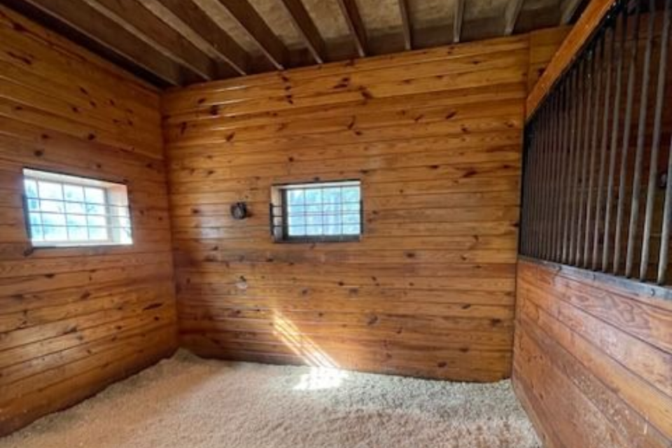 Empty horse stall with wood walls, shavings on the floor, and small windows.