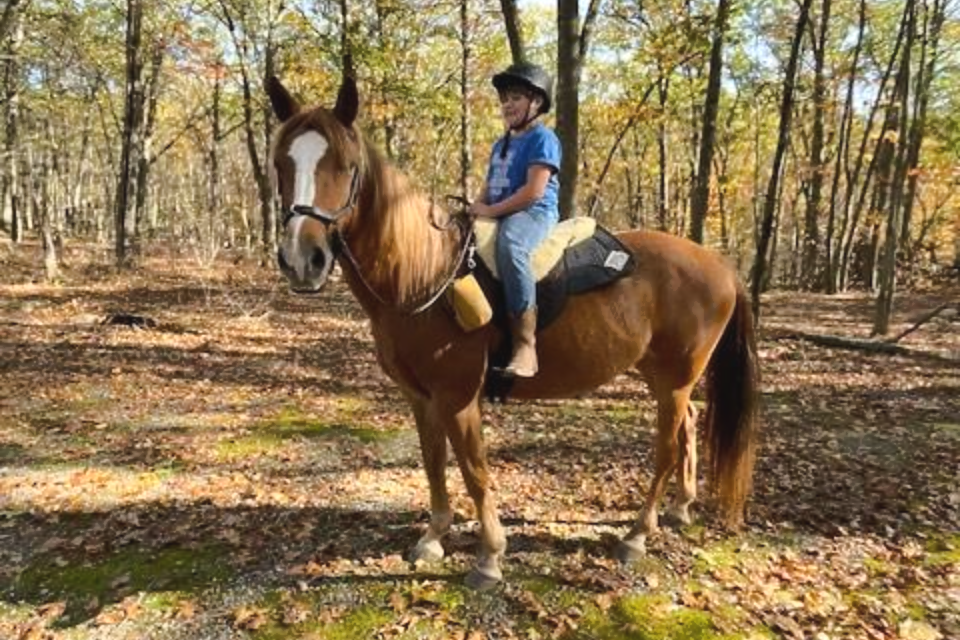 Child riding a brown horse in an indoor arena, wearing a helmet and a green vest.