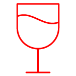 Red outline of a wine glass filled with liquid.