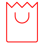 Red outline of a shopping bag with a jagged top and curved handle.
