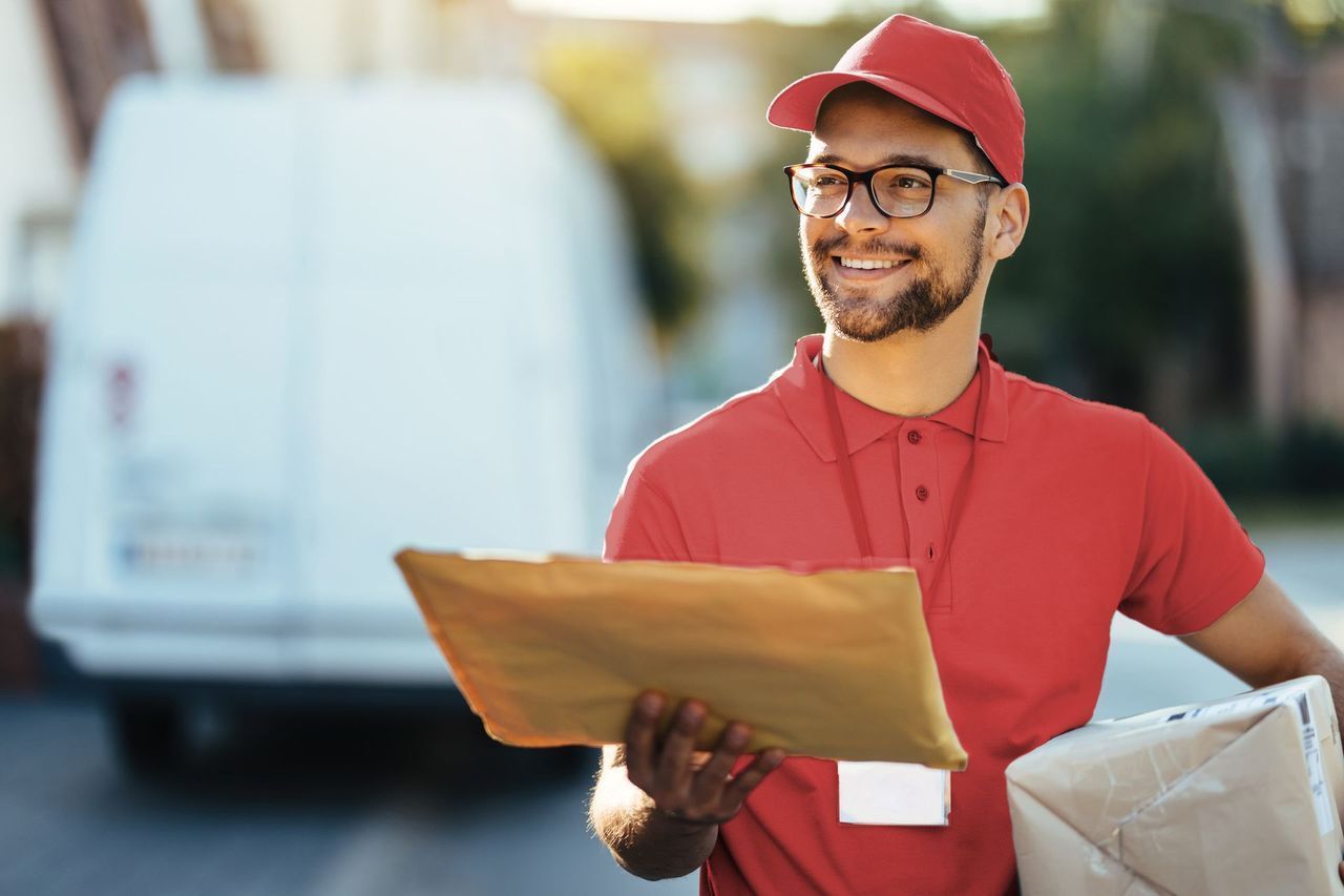 Delivery person in red uniform smiles, holding a package and envelope, van in background.