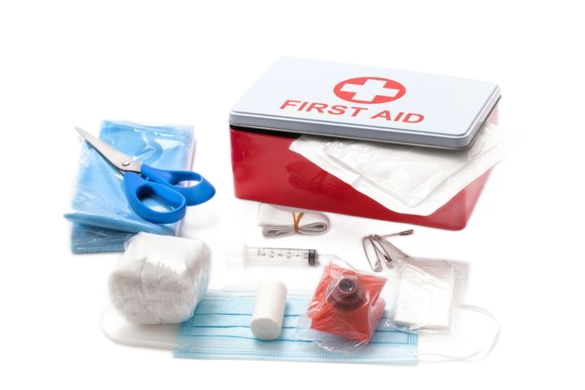 Red first aid kit with contents, including scissors, gauze, bandages, and a face mask.